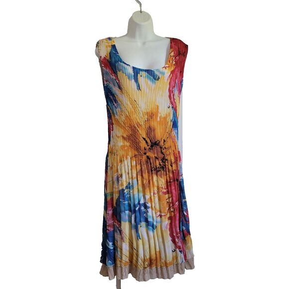 Caelian Dress Large Abstract Print Beachy Resort Accordian Pleated Lace Hem - Picture 1 of 9